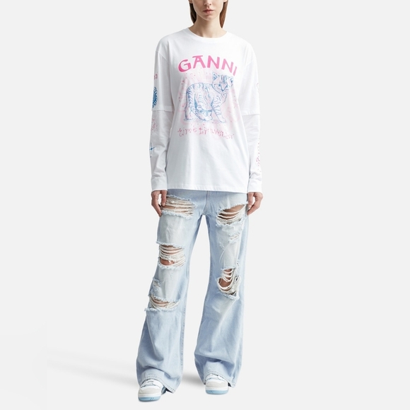 Ganni White Long Sleeve Tee with Pink and Blue Graphics - Picture 6 of 16